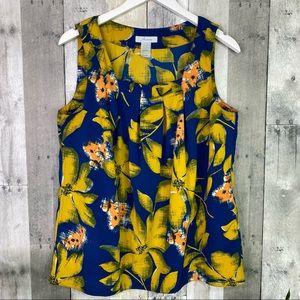 JH COLLECTIBLES Royal Blue Gold Floral Print Pleated Top Size Large